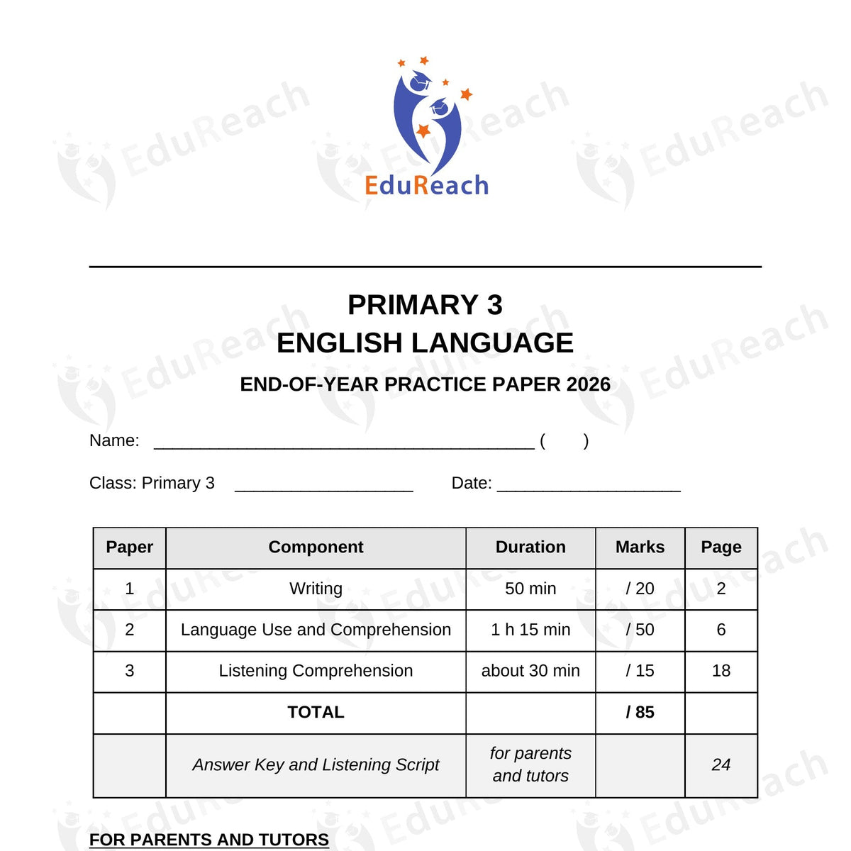 Cover of the EduReach Primary 3 English EOY Practice Paper 2026