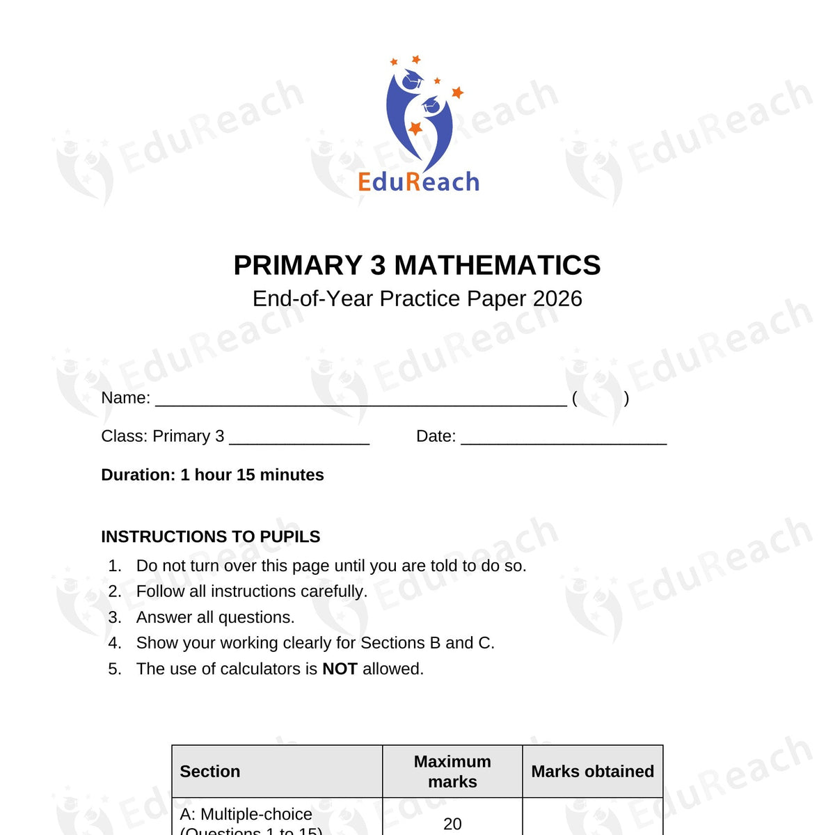 Cover of the EduReach Primary 3 Math EOY Practice Paper 2026