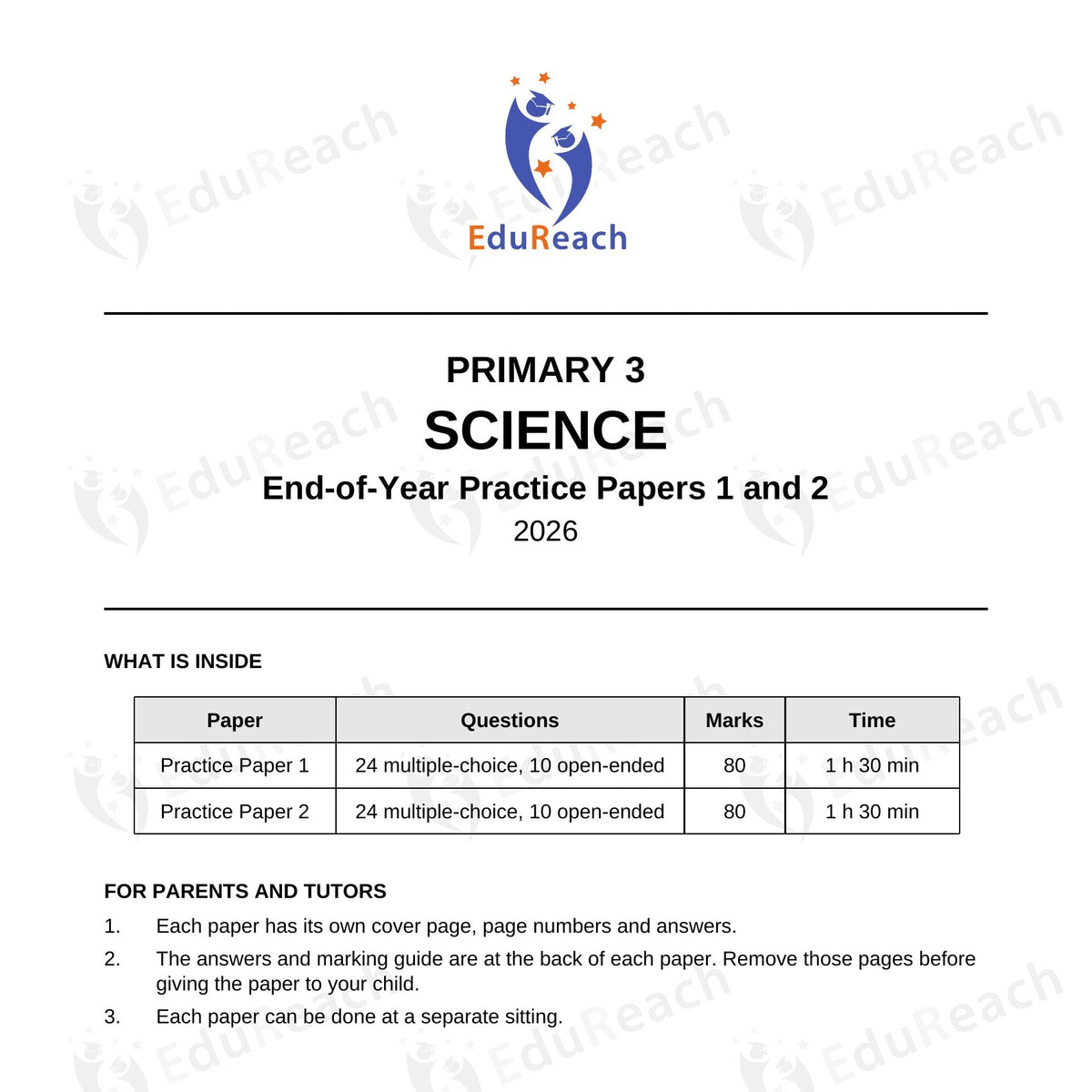 Cover of the EduReach Primary 3 Science EOY Practice Papers 1 and 2, 2026