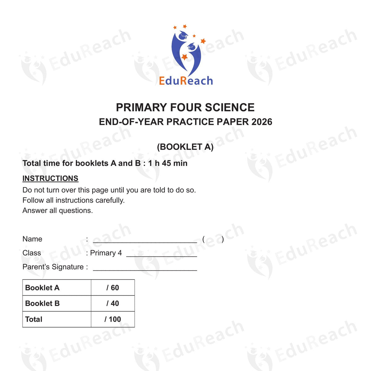 Cover of the EduReach Primary 4 Science EOY Practice Paper 2026