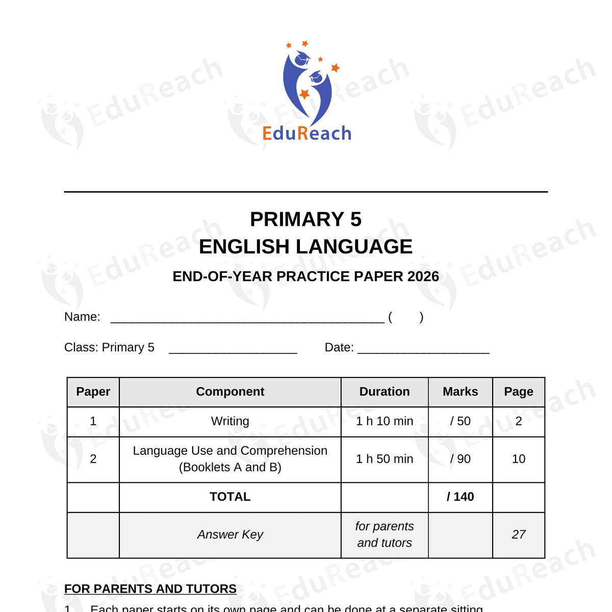 Cover of the EduReach Primary 5 English EOY Practice Paper 2026