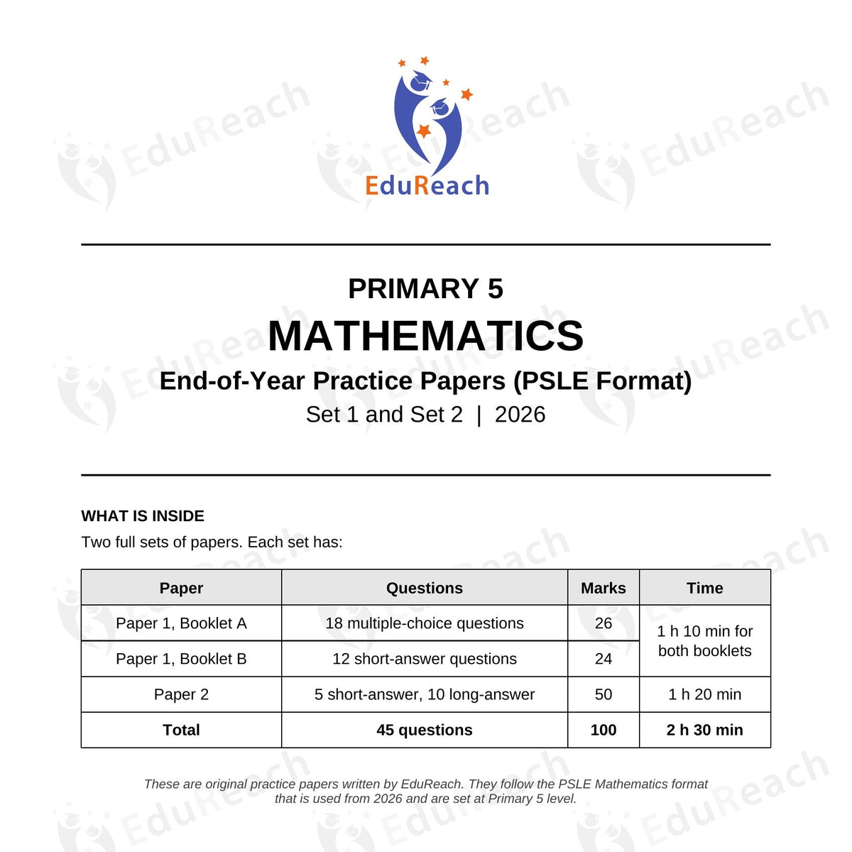Cover of the EduReach Primary 5 Math EOY Practice Papers 2026, Set 1 and Set 2 (PSLE format)